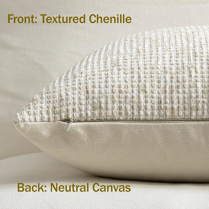 Pack of 2 Neutral Throw Pillow Covers 20x20 Boho Textured Dots Stripe Chenille Square Decorative Pillow Cases Accents for Living Room Couch Bed Farmhouse Home Decor, Cream