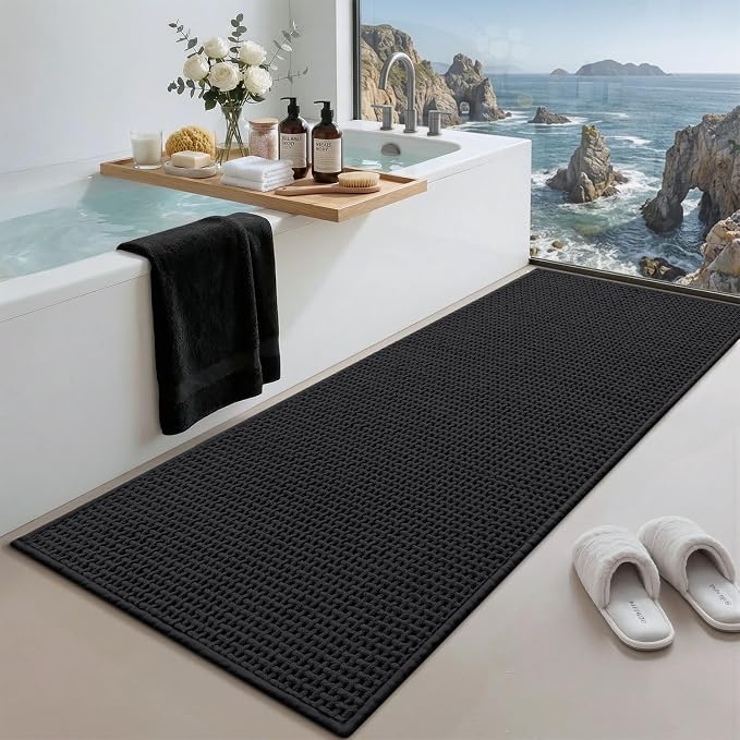Color&Geometry Rubber Backed Waffle Bath Mat 60x24, Non Slip Water Washable Bathroom Rugs, Soft Absorbent Chenille Boho Carpet for Bathroom Floor, Tub and Shower, Black
