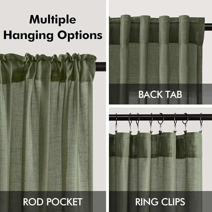 ANRODUO Olive Green Linen Curtains 102 Inches Long 2 Panels Light Filtering Sheer Back Tab Rod Pocket Drapes Cotton Linen Textured Window Curtain 102 Inch Length for Bedroom Patio Sliding Glass Door