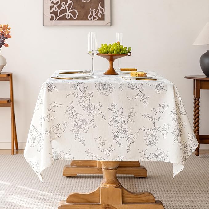 Meikelor Floral Linen Table Cloth 55 x 102 inch Wrinkle Resistant Vintage Farmhouse Tablecloth Gray Pattern Printed on Cream Tablecloth Rectangle Cottage Burlap Fabric Table Cover Home Decor Holiday