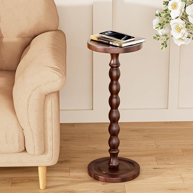 Rubber Wood Round Side Table, Solid Wood Small Drink Table for Small Spaces, Modern Accent Tables, End Tables for Living Room, Bedroom and Office (Dark Walnut, 9.4 Inch)