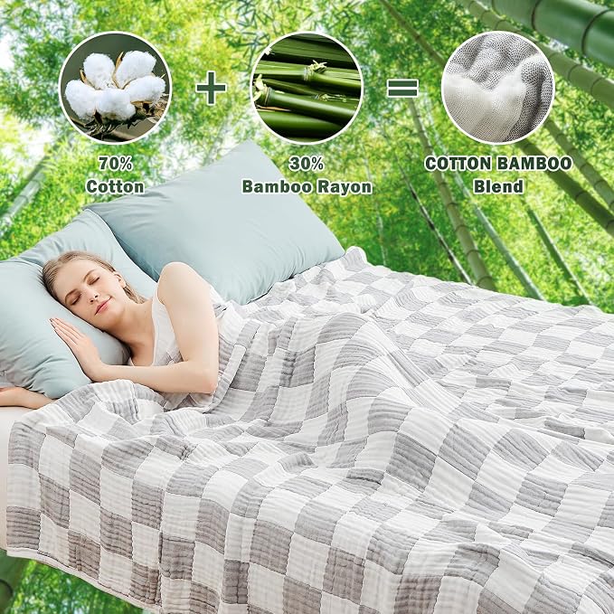 EMME Cooling Muslin Queen Blanket for Bed - Checkered Lightweight Summer Cotton Blankets of Rayon Derived from Bamboo for Hot Sleepers, Ultra Soft Breathable Gauze
