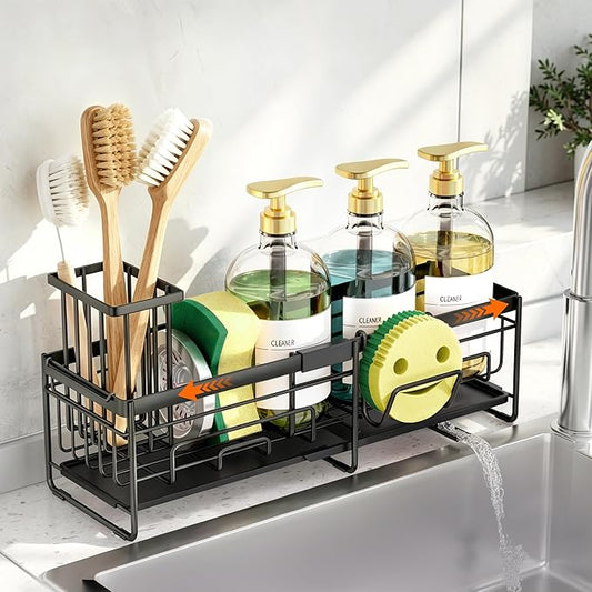 spospo Extendable Sponge Holder for Kitchen Sink, Extra Large Adjustable Length Sink Caddy Organizer with High Brush Holder, Self-Draining Countertop Organizer