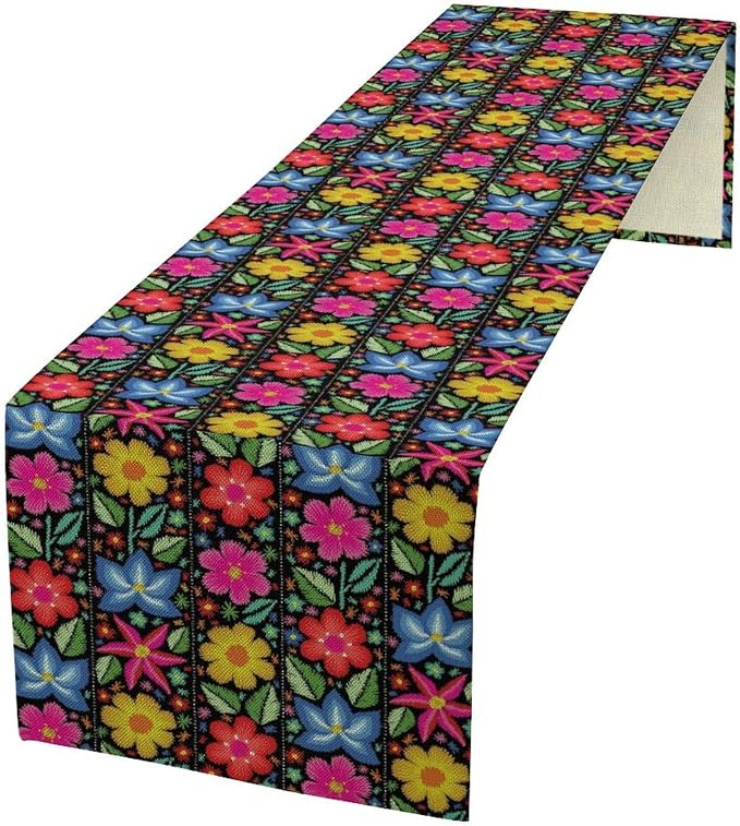 YCness Ethnic Mexican Table Runer, Mexican Flower Traditional Pattern Ornate Folk Graphic Spring Table Runner for Party Living Room Dining Home Table Decor, 13x70 Inch