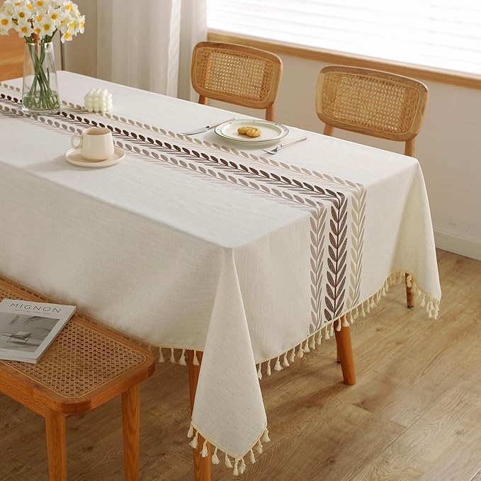 JIALE Heavy Duty Cotton Linen Waterproof Tablecloths Farmhouse Tablecloth, Soft and Wrinkle Free Table Cover with Tassels, Square, 55''x55'', 4 Seats