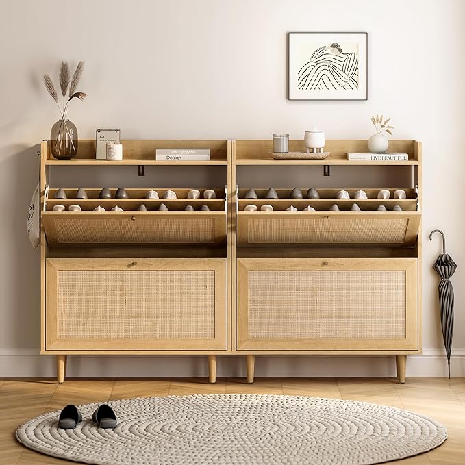 EYYTHUNG Rattan Shoe Cabinet Set of 2, Farmhouse Shoe Organizer with 2 Flip Drawers, Boho Wooden Hidden Slim Narrow Shoe Rack Cabinet for Entryway, Hallway, Natural Oak