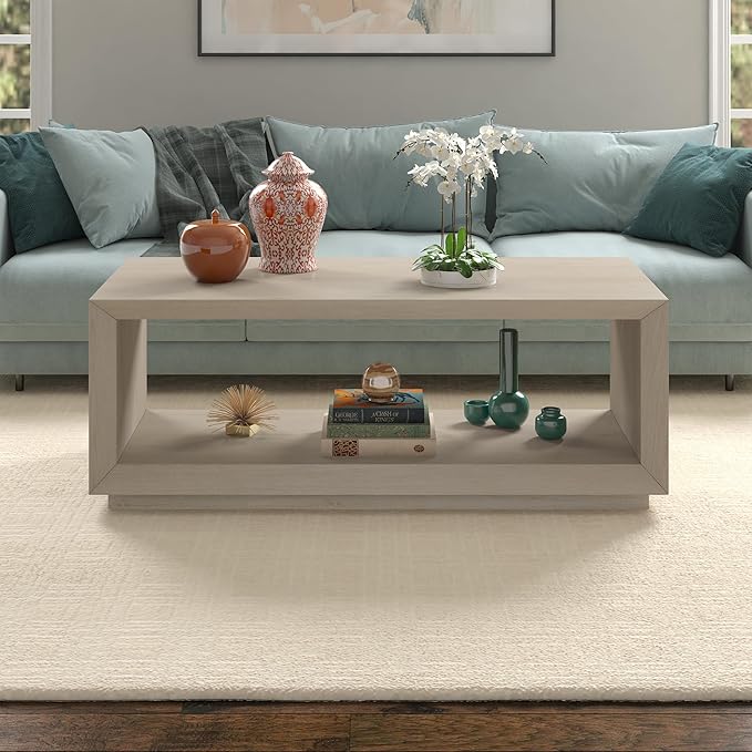 Henn&Hart 48" Rectangular Coffee Table with Open Storage Shelf for Living Room, Family Room, or Office, Beech White