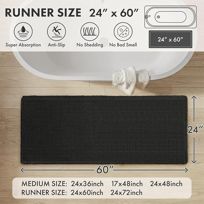 MIULEE Waffle Bathroom Runner Rugs, Super Absorbent Non Slip Bath Rug, Upgraded Soft Quick Dry Washable Boho Large Bath Mat with Tassels for Hallway Laundry Room Bedroom, 2'x5' (24"x60"), Black