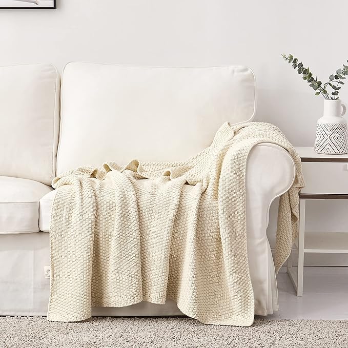 Longhui bedding 100% Cotton Knitted Throw Blanket – Cream, Soft & Cozy, Machine Washable, 51"x63" – Perfect for Living Room, Couch, Sofa, Bed or Travel