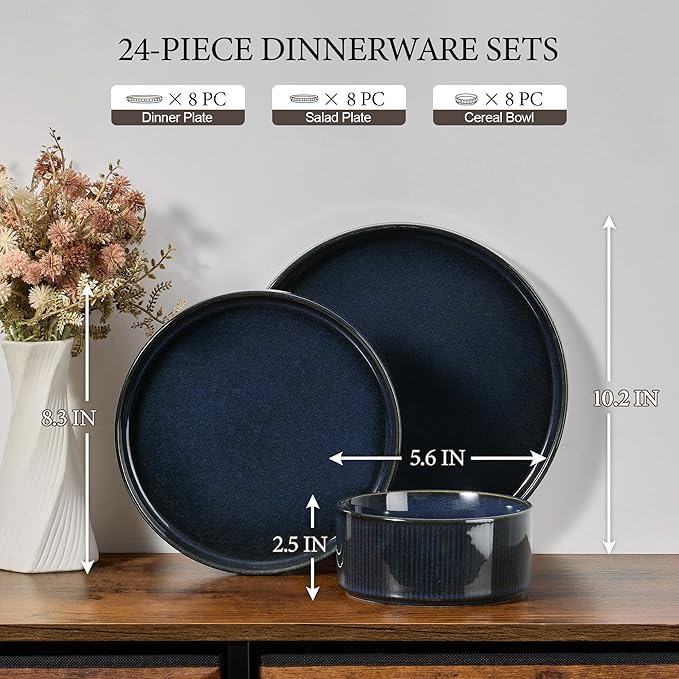 E-far 24-Piece Stoneware Dinnerware Sets, Plates and Bowls Sets for 8, Kitchen Dinning Porcelain Ribbed Dishes Set, Chip & Scratch Resistant, Dishwasher & Microwave Safe, Midnight Blue