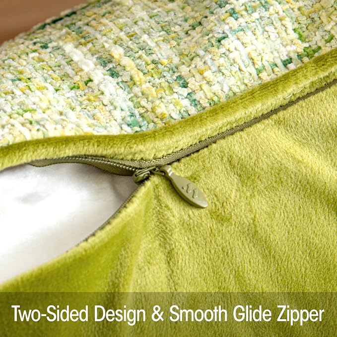 a moment Green Reversible Pillow Covers 2 Pack - Farmhouse Chenille Throw Pillows, Neutral Textured Decorative Throw Pillow Covers with Border for Couch Sofa Bed (18x18 Inch, No Insert)