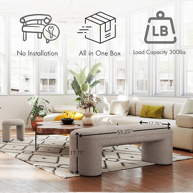 Hyfirm 3-Pieces Modern Upholstered Ottoman Waterfall Bench for Bedroom End of Bed, 53" Chenille Entryway Bench Sets, Comfy Indoor Narrow Window Bench Bed Stool Living Room Bedroom, Oatmeal