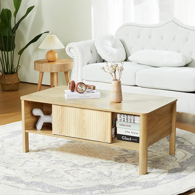 Rectangle Fluted Coffee Table with Storage and Sliding Drawers, Light Wood Coffee Table, Mid Century Modern Cofee Table Boho Style, Low for Living Room/Bedroom/Office (Natural)