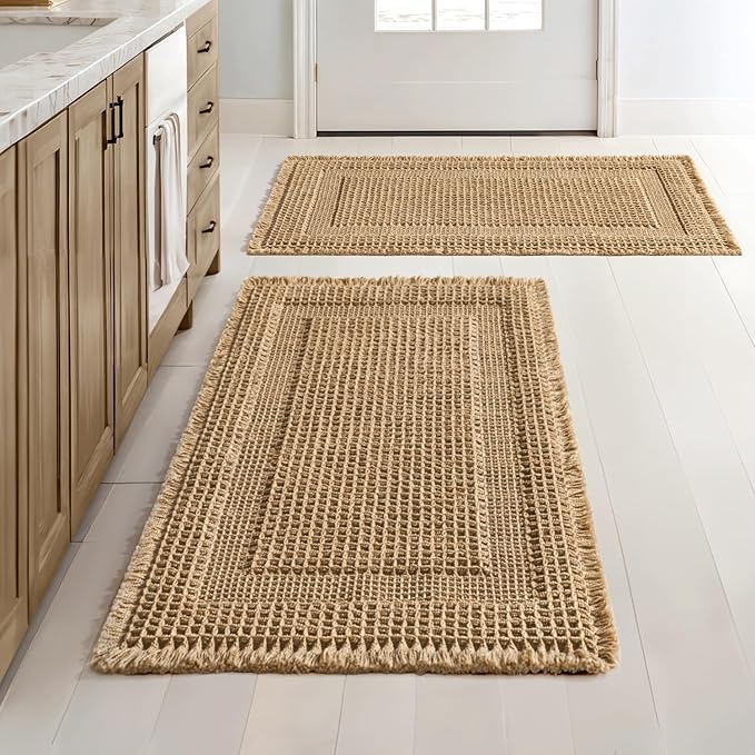 MIULEE Set of 2 Waffle Bathroom Rugs, Boho Bath Rug Super Absorbent, Non Slip Washable Ultra Soft Rubber Backed Shower Bath Mats for Floor, Tub, Shower, Looped Design, Brown, 18x30 Inch