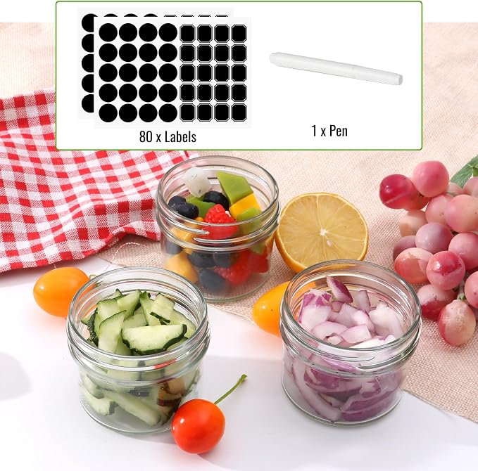 STARSIDE 4 oz Glass Mason jars With Regular Black Lids, 40 Pack 4 oz Canning Jars Containers for Jam, Honey, Candies,Wedding Favors, Decorations. Included 1 Pens and 80 Labels