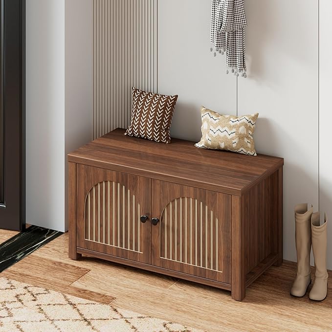 Fluted Storage Bench with Storage, Small Entryway Shoe Bench, Bedroom Storage Bench, Wood Shoe Organizer, Mid Century Modern Cabinet with 2 Doors, Adjustable Shelf, Hallway, Living Room, Walnut