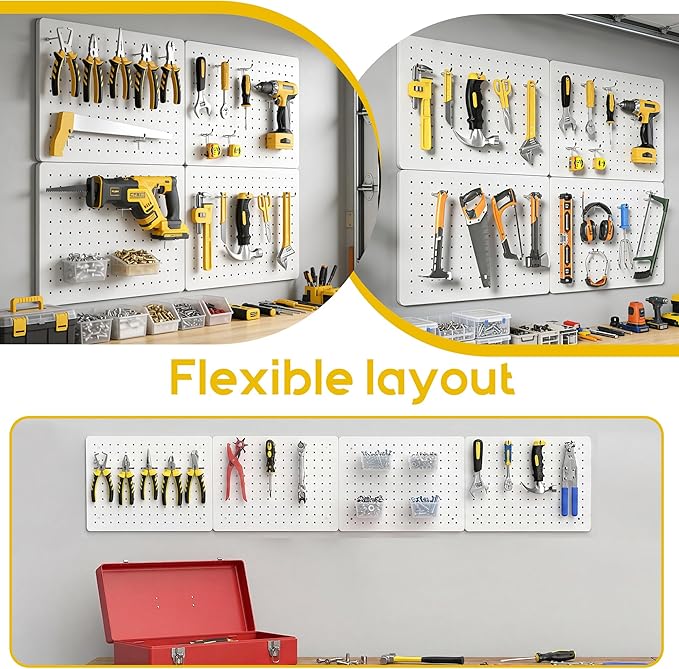 Peg Board for Tools, 4 Pack Metal Pegboard Wall Organizer with Hooks,16"×12" White Pegboard Panels for Walls Home, Garage Tool Storage, Kitchen, Office Organization, Craft Room