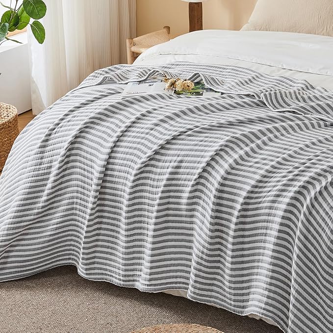 EMME Cotton Muslin King Blanket Bed Layering Bedspread Coverlet Breathable Gauze Soft Lightweight (Striped Grey, 108"x90")