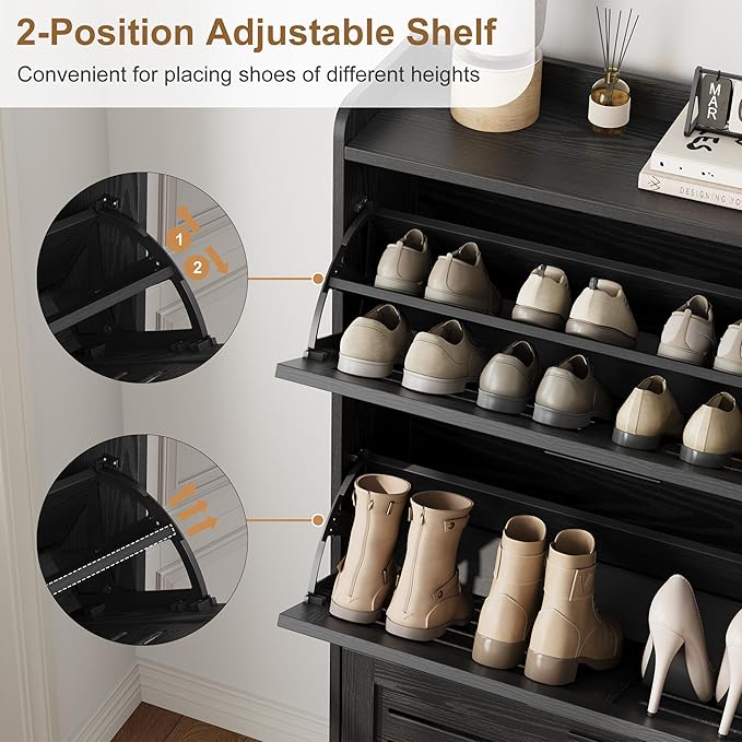 IDEALHOSUE Shoe Cabinet Storage for Entryway, Slim Shoe Storage Cabinet with 3 Flip Drawers, Freestanding Hidden Narrow Shoe Organizer Cabinet with Hooks for Entrance, Foyer, Hallay, Black