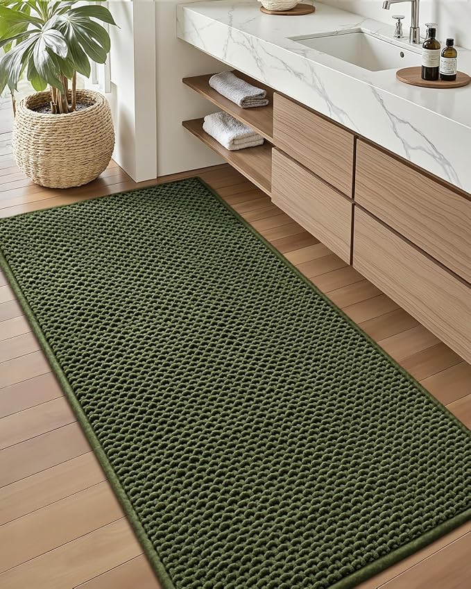 Color&Geometry Rubber Backed Waffle Bath Mat 60x24, Non Slip Water Washable Bathroom Rugs, Soft Absorbent Chenille Boho Carpet for Bathroom Floor, Tub and Shower, Green