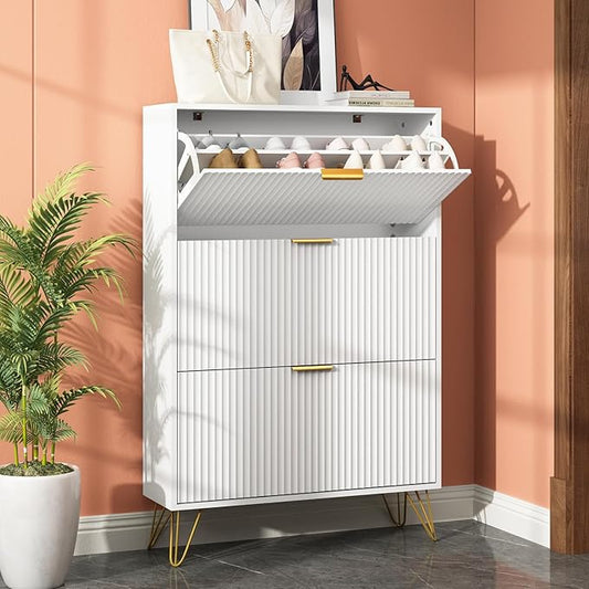 Shoe Storage Cabinet with 3 Flip Drawers, 31.5" W Fluted Shoe Cabinet for Entryway, Hidden Shoe Cabinet Storage, Narrow Free Standing Shoe Orgnaizer Rack Cabinet for Foyer Hallway, White