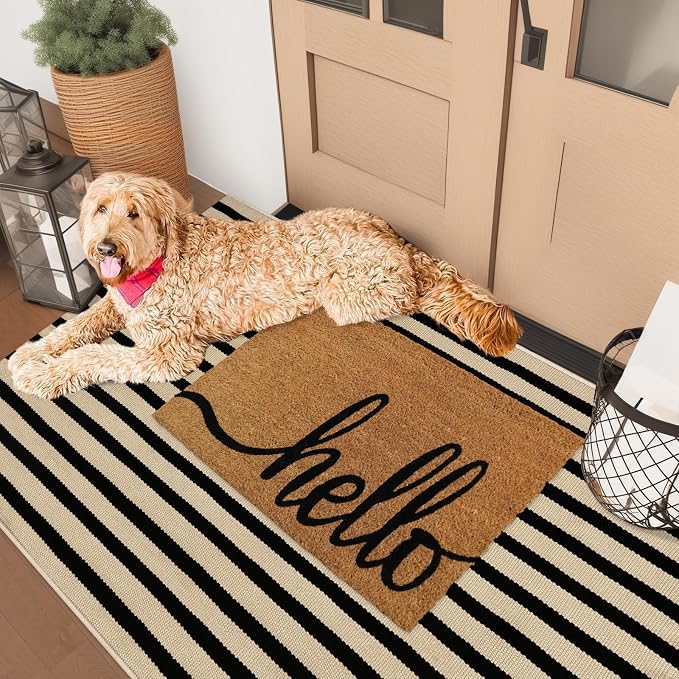 Outdoor Striped Rugs 3'x5', Black and Tan Cotton Hand Woven Front Door Mat,Washable Reversible Front Porch Rug, Foldable Layered Door Mats for Entryway/Home Entrance/Farmhouse