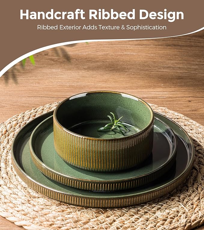 GBHOME Stoneware Dinnerware Sets for 4, 12 Pieces Ceramic Ribbed Plates and Bowls Set, Reactive Glaze Stackable Plate Sets, Scratch Resistant Dishes, Microwave & Dishwasher Safe, Sage Green