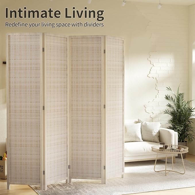 Room Dividers and Folding Privacy Screens, 4 Panel 72 Inch Tall Fold Up Portable Room Partition Divider, Handwork Bamboo Mesh Woven Design Wall Divider Freestanding for Bedroom, Livingroom(Natural)