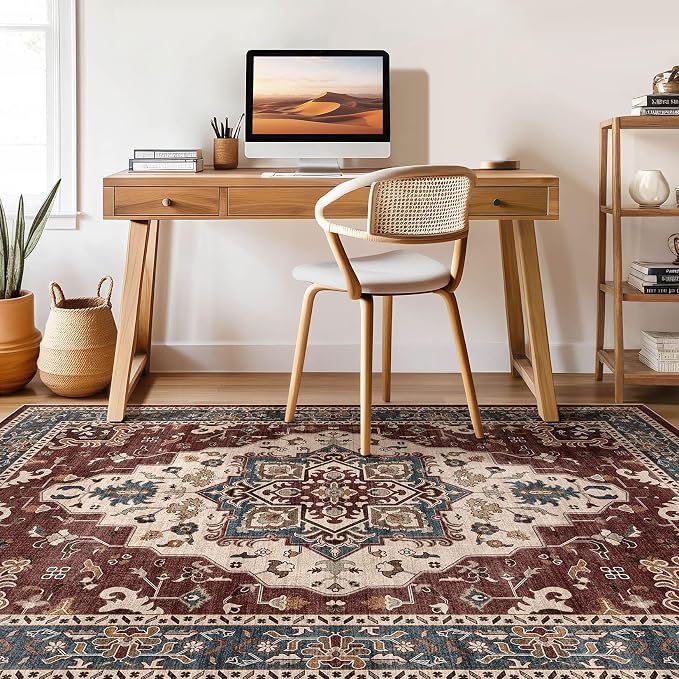 6x9 Area Rugs Living Room: Washable Boho Large Neutral Vintage Soft Rug Stain Resistant Farmhouse Non-Slip Indoor Floor Retro Carpet for Bedroom Nursery Kids Office Dining Room- Burgundy