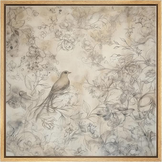SIGNWIN Framed Canvas Print Wall Art Vintage Bird and Floral Sketch Delicate Pencil Drawing with Nature Elements Illustrations Decorative Relax/Zen for Living Room, Bedroom, Office - 24"x24" Natural