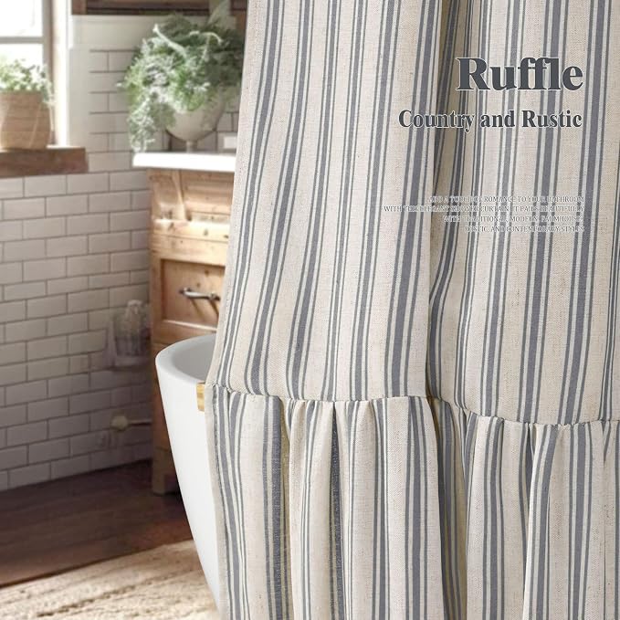 Farmhouse Shower Curtain with Ruffle Hem Linen Shower Curtains for Bathroom Country Vintage Rustic Natural Fabric, Cream-Grey Stripe 72" W x 96" L