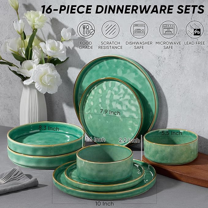 E-far 16-Piece Plates and Bowls Sets with Pasta Bowls - Stoneware Dinnerware Set for 4, Modern Ribbed Dishes, Microwave & Dishwasher Safe, Reactive Green
