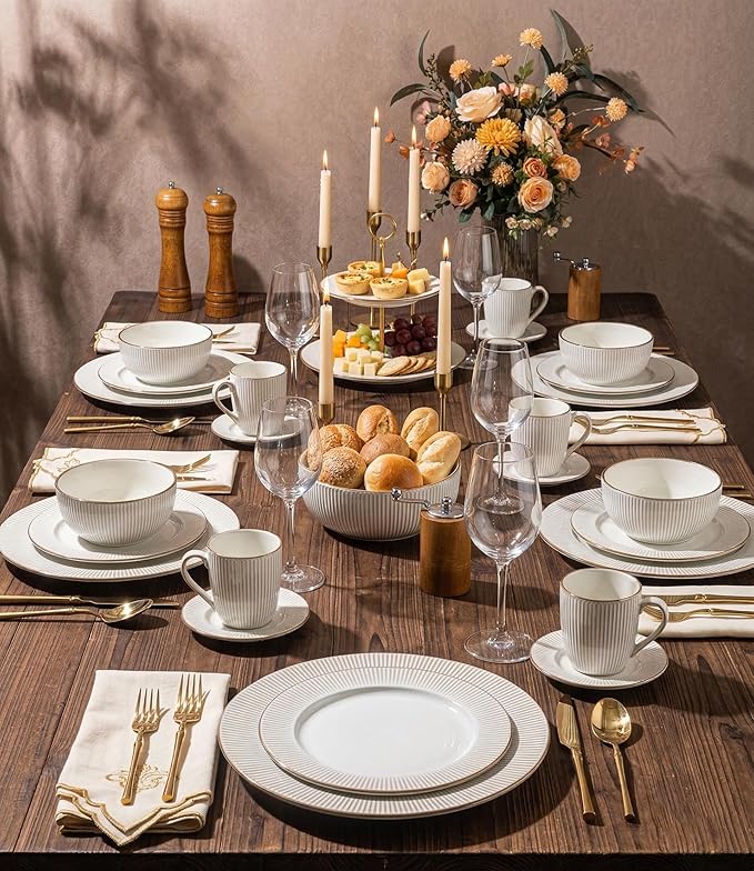 GBHOME Ceramic Dinnerware Sets,16 pcs Embossed Elegant Stoneware Plates and Bowls Sets, Housewarming Wedding Gift | Dishwasher & Microwave Safe | Dishes Set Service for 4