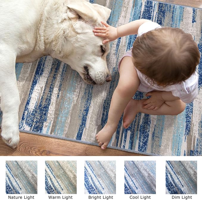 Lansny Modern Abstract Runners for Hallways 2.6x12, Washable Runner Rug Non-Slip Indoor Soft Long Hallway Runner Rug, Thin Print Faux Wool Floor Carpet for Hall Entryway Kitchen, Blue
