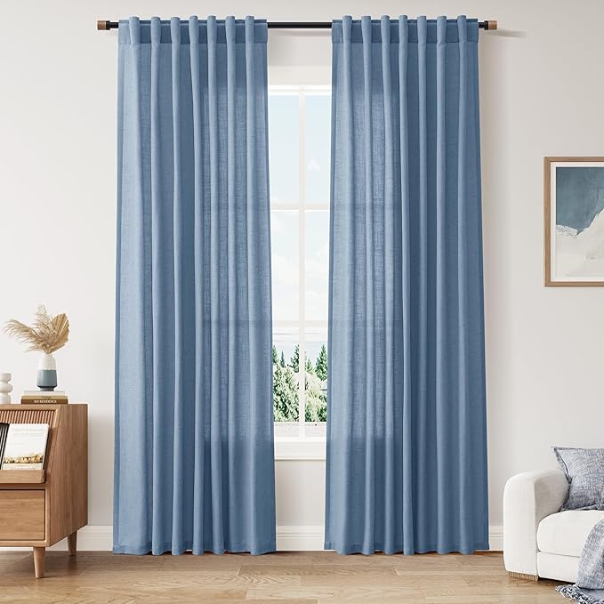Nanspring Stone Blue Linen Curtains 84 Inches Long for Living Room Back Tab Luxury Light Filtering Privacy Semi Sheer Curtain Modern Farmhouse Boho Drapes for Bedroom Office 2 Panels Set 52x84