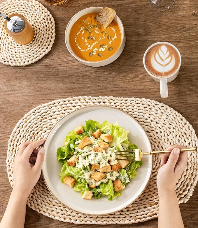 AmorArc Ceramic Dinnerware Sets for 4, 12 Pieces Handpainted Plates and Bowls Set with Rustic Terracotta Underside, Scratch Resistant Stoneware Dishes Set, Dishwasher & Microwave Safe