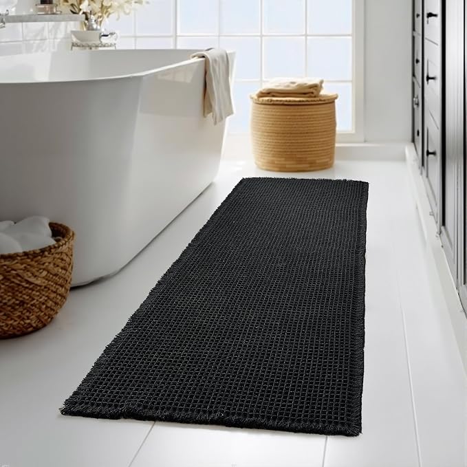 KGORGE Waffle Bathroom Rug, Large Super Absorbent Non Slip Washable Bathroom Rugs Decor, Boho Quick Dry Rubber Backed Bath Mat for Shower Toilet Hallway Hotel, Black, 24" W X 72" L 1pc