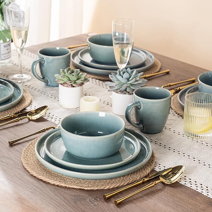 GBHOME Ceramic Dinnerware Sets for 8, 24 Pieces Stoneware Plates and Bowls Sets, Scratch Resistant Dishes, Dishwasher & Microwave Safe, Reactive Glaze-Malachite Green