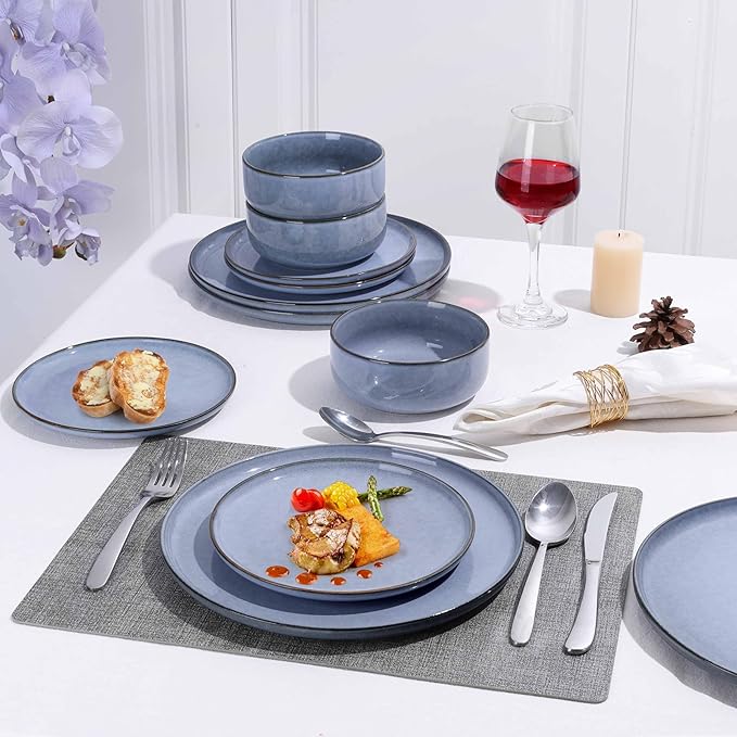 Herogo Stoneware Dinnerware Sets with Salad Bowls, Dinner Plates and Bowls Sets for 4, 16 Piece Dishware Place Setting for Kitchen, Chip & Scratch Resistant Dishware, Haze Blue