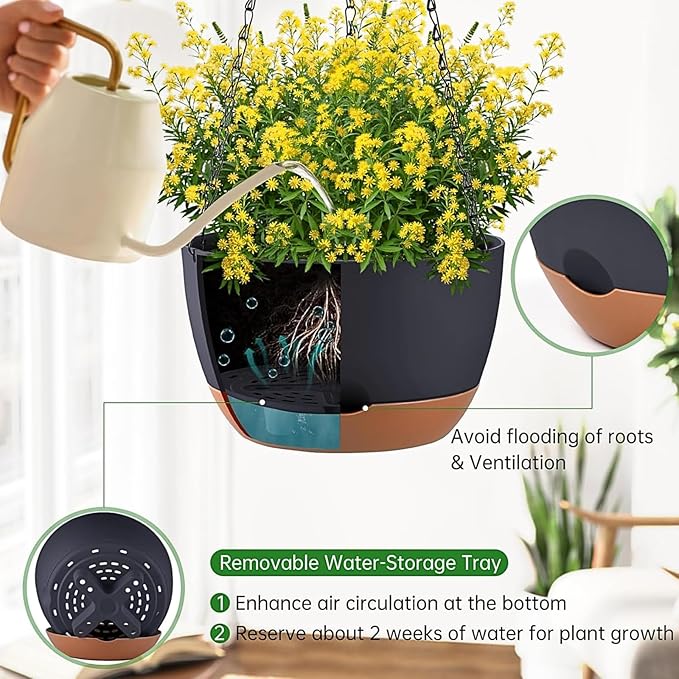 Set of 2 Hanging Planters for Indoor Outdoor Plants, 10 Inch Self-Watering Hanging Flower Pots with Drainage Hole & Removable Water-Storage Tray (Hooks)
