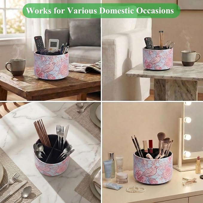 Round Leather Art Supply Organizer,Remote Control Holder,360 Degree Spinning,Multi-Functional Pencil Holder,4 Compartments Desktop Stationary Organizer(1-Pink Blue Bird)