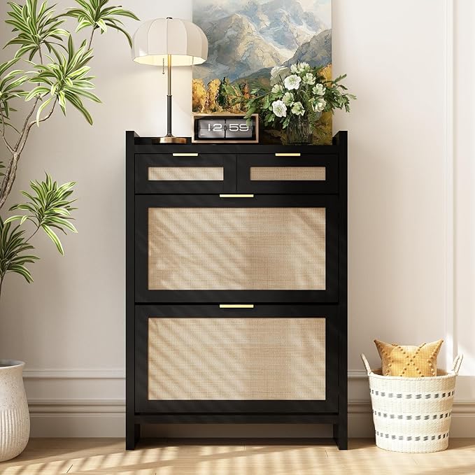 Shoe Organizer Cabinet Storage for Entryway - Slim Rattan Shoe Rack for Front Door Entrance, Narrow Hidden Shoe Cabinet with Flip Drawers, Boho Shoe Holder Cabinet, Two Doors, Black