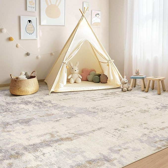 UERMEI 6x9 Area Rug Living Room Rugs - Washable Neutral Modern Abstract Soft Thin Rug Indoor Floor No Slip Rug Carpet for Bedroom Under Dining Table Home Office Decor - Light Brown/Gray