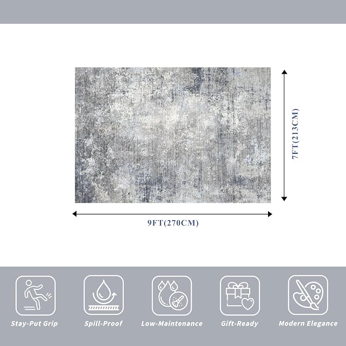 7x9 Washable Living Room Rug - Modern Abstract Neutral Indoor Rug for Dining Room, Kitchen, Bedroom, Non-Slip Low Pile Stain Resistant Carpet（Blue Grey,7x9）