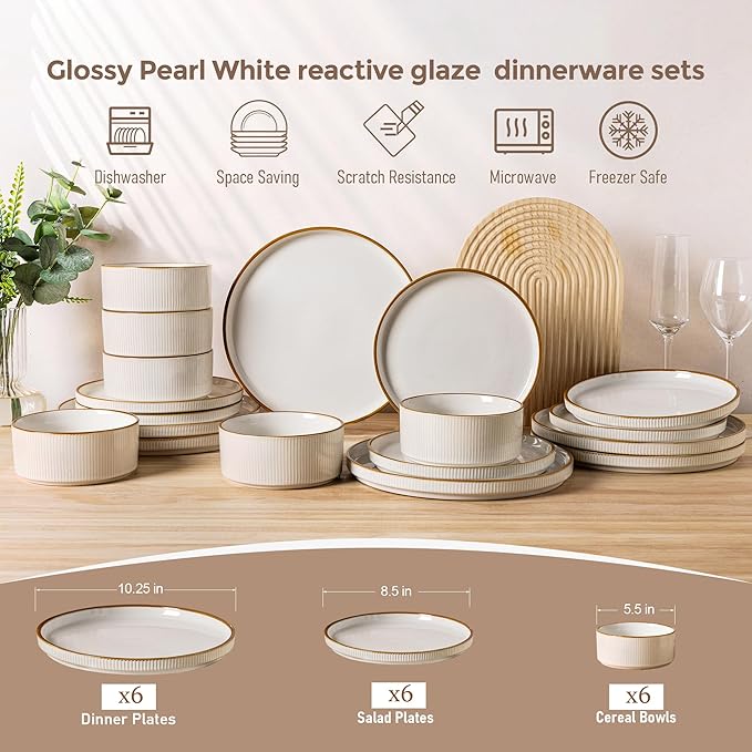 GBHOME 18-Piece Stoneware Dinnerware Set for 6 – Ribbed Ceramic Plates and Bowls, Scratch-Resistant, Microwave & Dishwasher Safe, Reactive Glaze, White with Honey-Brown Edge