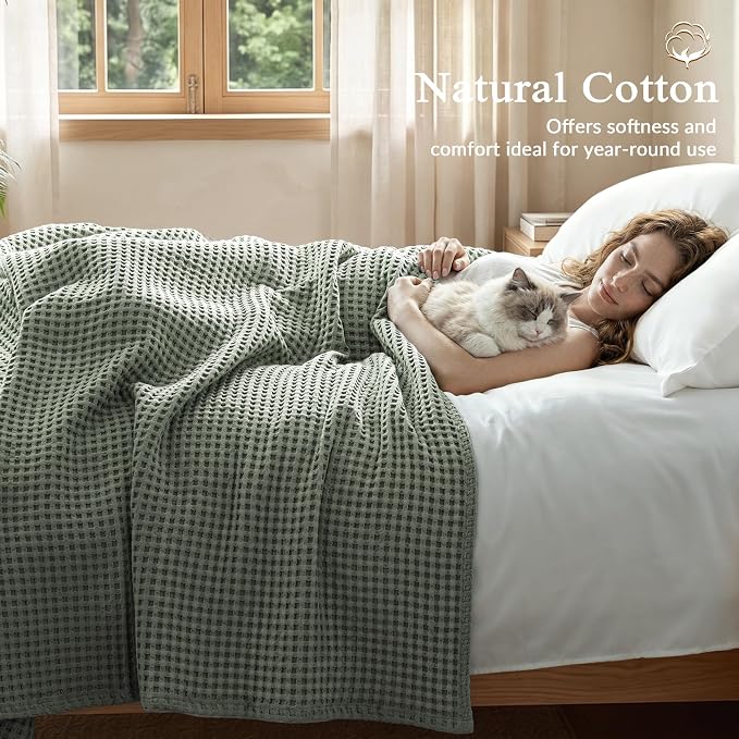 Exclusivo Mezcla Pre-Washed 100% Cotton Waffle Blanket Full Size for Bed, 330GSM Lightweight Breathable Summer Blankets, Soft and Cozy, Home Decor, Celadon, 80x90 Inches