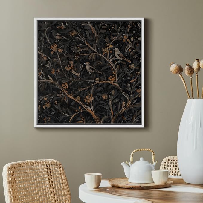 SIGNFORD Framed Canvas Print Wall Art Dark Botanical Birds and Branches Modern Art Relax/Calm Warm for Living Room, Bedroom, Office - 24"x24" WHITE