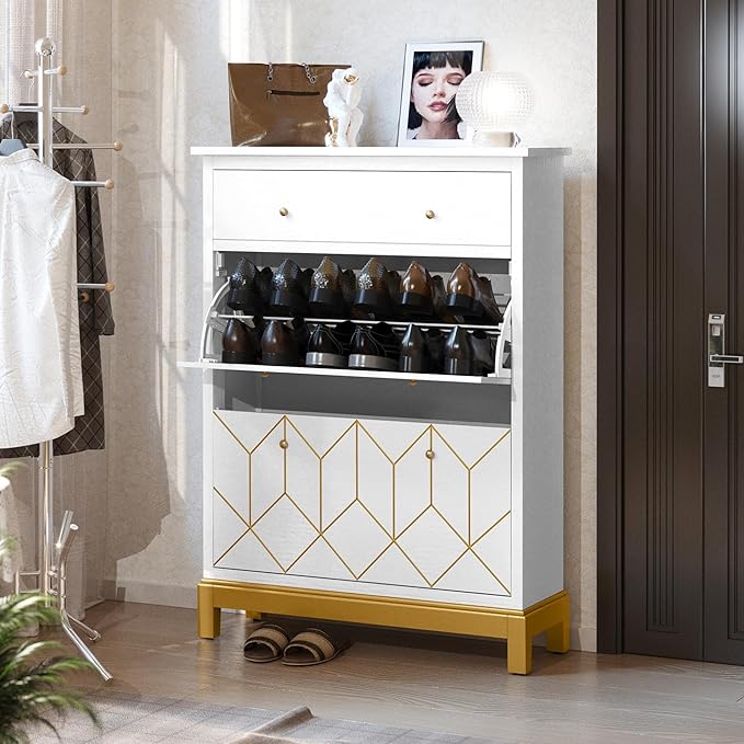 HLR Space Saving Hidden Shoe Cabinet with 2 Flip Doors 1 Drawer, Entryway Shoe Storage Cabinet, Narrow Shoe Rack Cabinet, Freestanding Hidden Shoe Rack Storage Organizer, White with Gold Legs