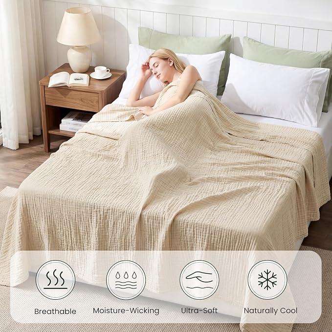 Love's cabin Cooling Muslin Blanket Queen Size, 50% Rayon Derived from Bamboo, 50% Cotton, 4-Layer Lightweight Breathable Summer Gauze Blanket for Bed, Soft for Hot Sleepers and Kids, 90"x90", Beige