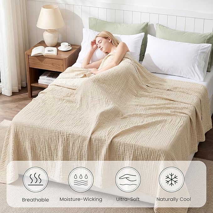 Love's cabin Cooling Muslin Blanket King Size, 50% Rayon Derived from Bamboo, 50% Cotton, 4-Layer Lightweight Breathable Summer Gauze Blanket for Bed, Soft for Hot Sleepers and Kids, 108"x90", Beige